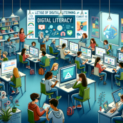 Digitale geletterdheid gezien door DALL-E3 Met deze prompt- Illustration depicting a diverse group of students in a modern classroom, centered around digital learning. The classroom is equipped with advanced te